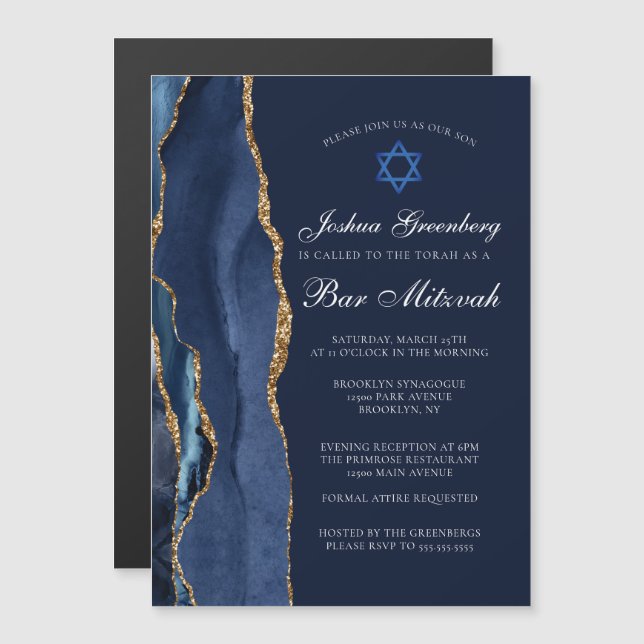 Chic Dark Blue Gold Agate Bar Mitzvah Party Magneteinladung (Vorne/Hinten)