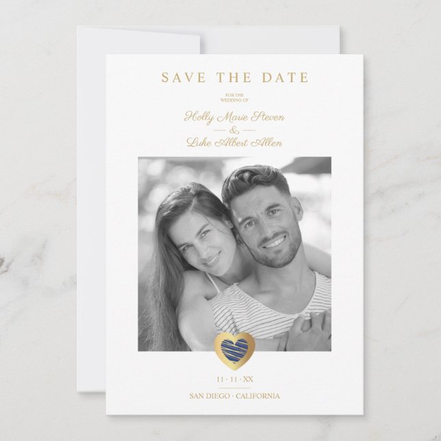 Chic Dark Blue & Gold Heart Foto Couple Wedding Save The Date (Vorderseite)