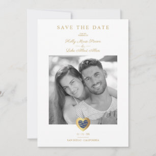 Chic Dark Blue & Gold Heart Foto Couple Wedding Save The Date