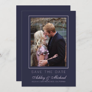 Chic Dark Blue Pink Foto Wedding Save the Date Einladung