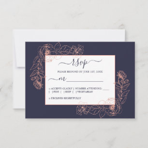 Chic Dark Blue Rose Gold Floral Kontur Hochzeit RSVP Karte