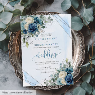 Chic Dark Blue White Silver Wedding Einladung