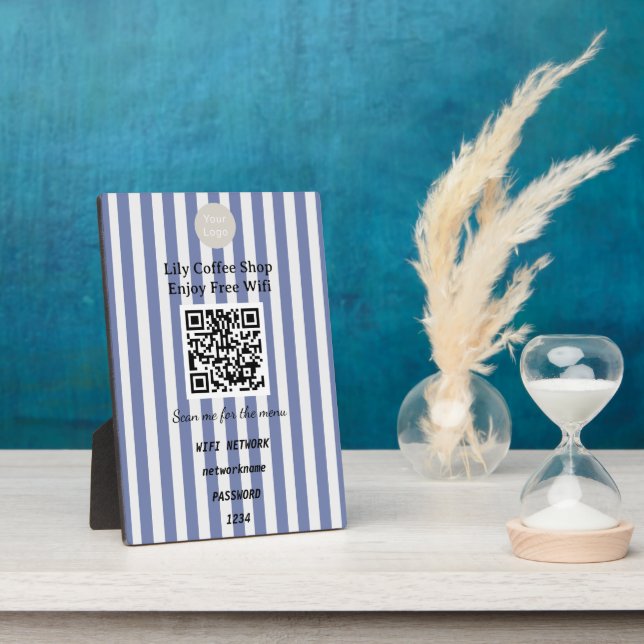 Chic Dark Blue & White Stripes QR Code Wifi Fotoplatte (Seite)