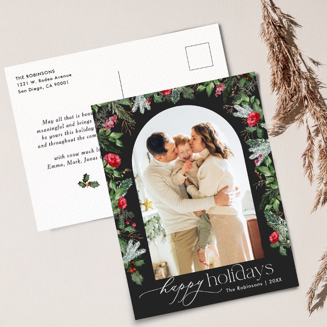 Chic Dark Gray Botanic Arch Moderner Foto Holiday Postkarte (Von Creator hochgeladen)