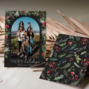 Chic Dark Gray Botanical Floral Arch 1 Foto Feiertagskarte