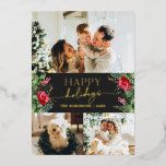 Chic Dark Gray Botanical Foliage 3 Foto Gold Folien Feiertagskarte<br><div class="desc">Diese Kollektion besticht durch Aquarellblumen,  Beeren und Wintergrün mit moderner und eleganter Typografie,  mit einem botanischen Wintermuster zurück.</div>