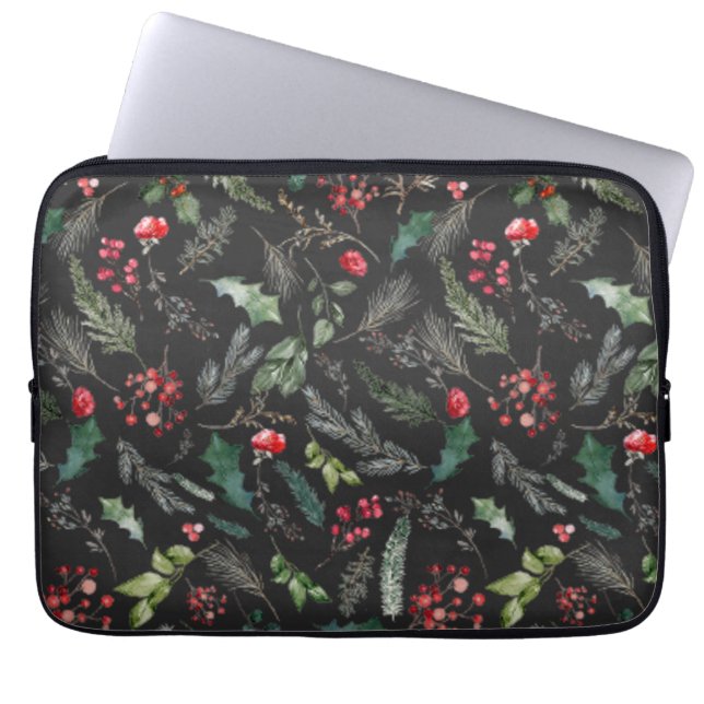 Chic Dark Gray Christmas Botanical Foliage Muster Laptopschutzhülle (Vorderseite)