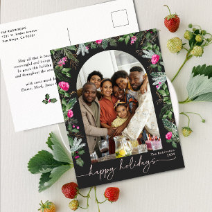 Chic Dark Gray Pink Greenery Arch Foto Holiday Postkarte