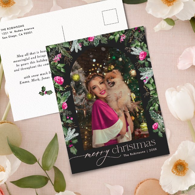 Chic Dark Gray Pink Greenery Arch Foto Weihnachten Postkarte (Von Creator hochgeladen)