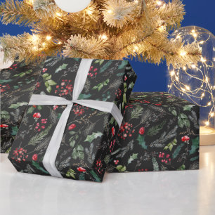 Chic Dark Gray Weihnachten Botanische Grüne Geschenkpapier