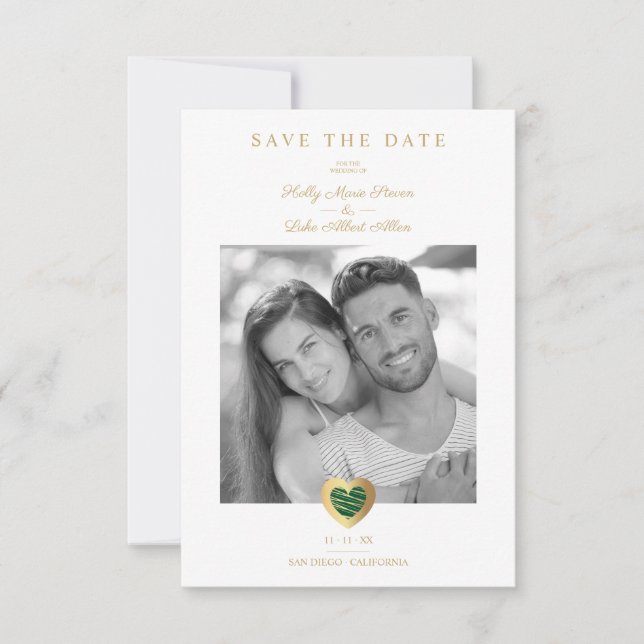 Chic Dark Green & Gold Heart Foto Couple Wedding Save The Date (Vorderseite)