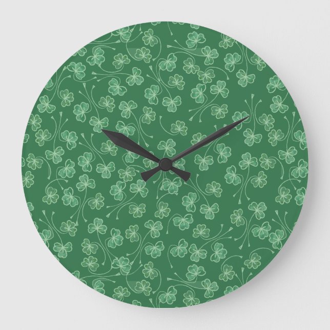 Chic Dark Green Kleeblatts Ditsy Pattern Wall Cloc Große Wanduhr (Vorderseite)