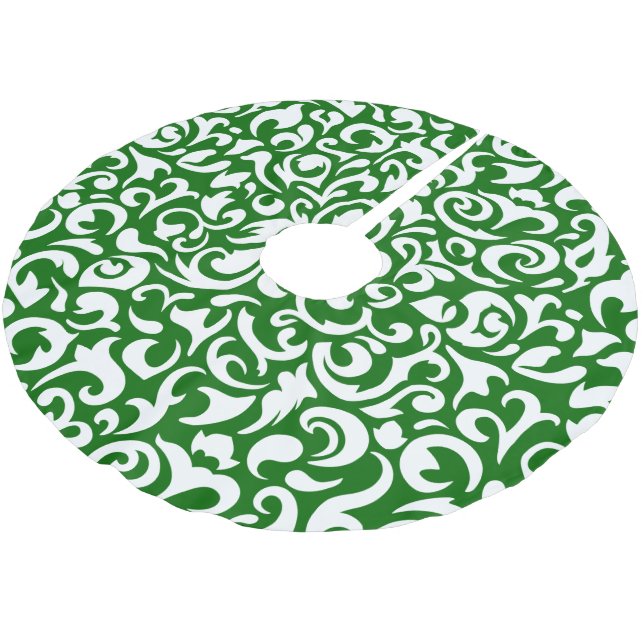 Chic Dark Green White Damask Blumenmuster Polyester Weihnachtsbaumdecke (Schrägansicht)
