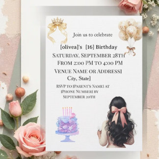 Chic Dark Hair Girl Sweet 16 Birthday Party Invita Dankeskarte