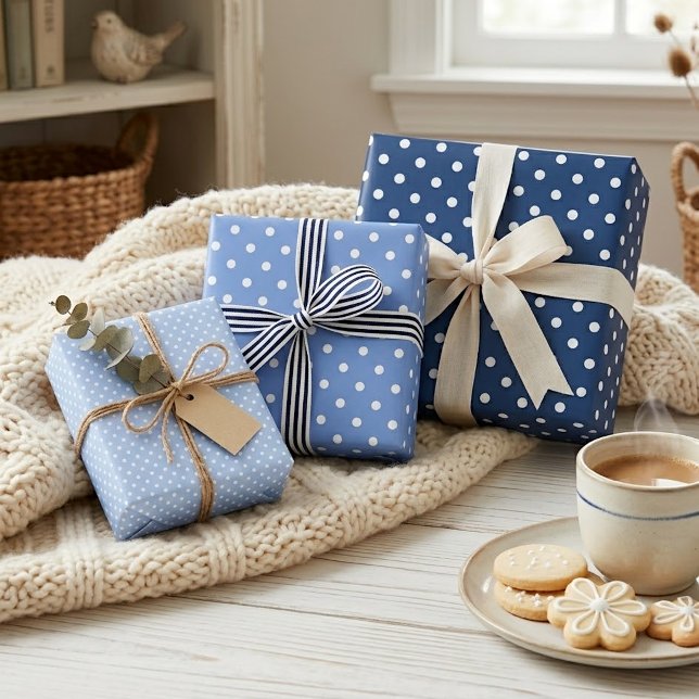 Chic Dark Light Blue White Polka Dots Muster Geschenkpapier Set (Von Creator hochgeladen)