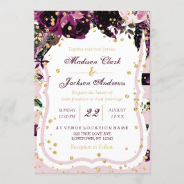 Chic Dark Lila Floral & Gold Hochzeiten Einladunge Einladung