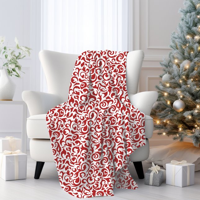 Chic Dark Red White Damask Blumenmuster Fleecedecke (Von Creator hochgeladen)