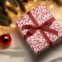 Chic Dark Red White Damask Floral Pattern