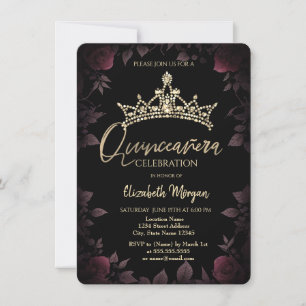 Chic Dark Rose Blätter Quinceañera Einladung
