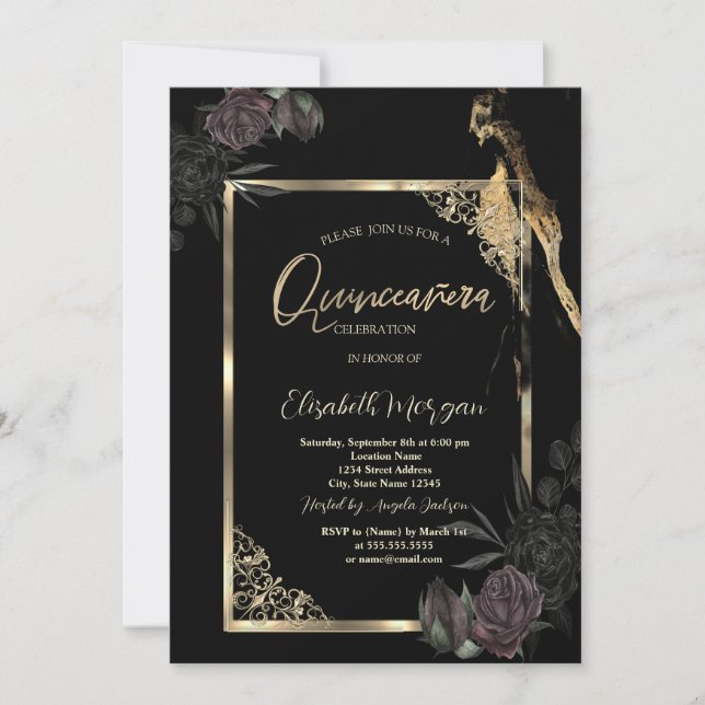 Chic Dark Rose Gold Rahmen Black Quinceñera Einladung (Vorderseite)