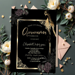 Chic Dark Rose Gold Rahmen Black Quinceñera Einladung