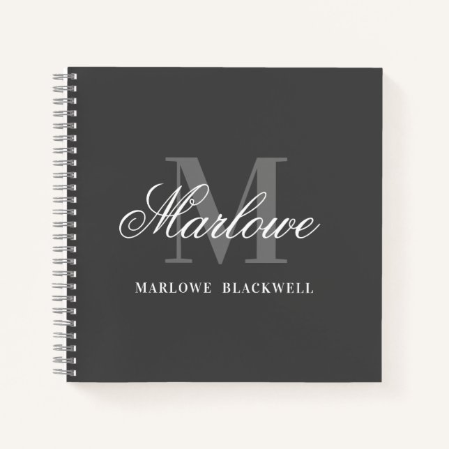 Chic Dark White Monogram Calligraphy Notizbuch (Vorderseite)