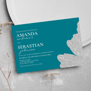 Chic Deep cyan silber Glitzer Pinselstriche Hochze Einladung