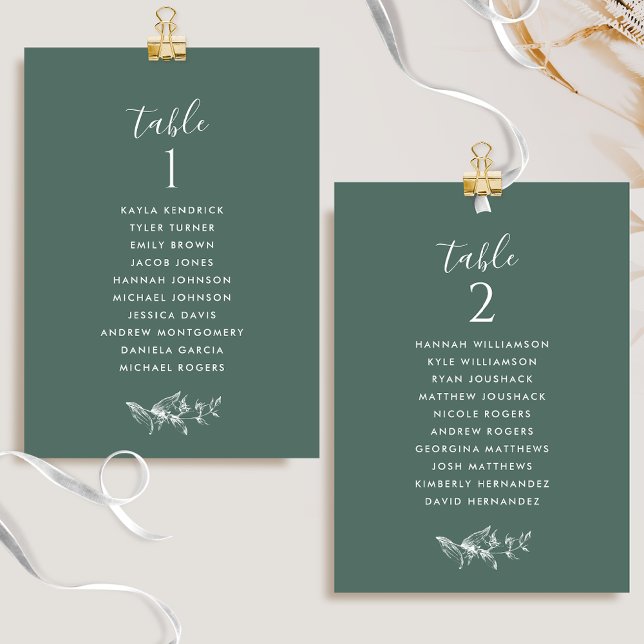 Chic Deep Green Seating Plan Cards mit Gast Names (Von Creator hochgeladen)