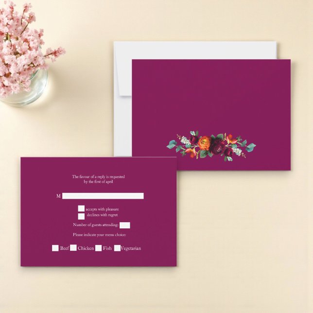 Chic deep pink Botanical Wedding Response Card RSVP Karte (Von Creator hochgeladen)