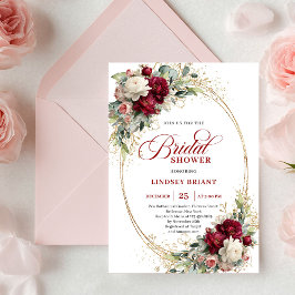 Chic Deep Red Floral Gold Bridal Shower Invitation Einladung
