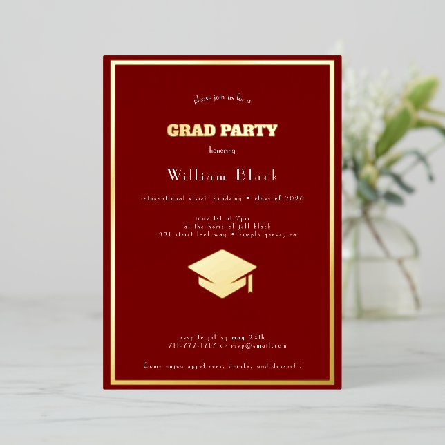 Chic Deep Red & Gold Party Folieneinladung (Stehend vorne)