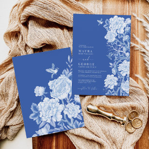 Chic Delft Blue Chinoiserie Blumengarten Hochzeit Einladung