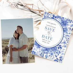 Chic Delft Blue Chinoiserie Wedding Save the Date Einladung