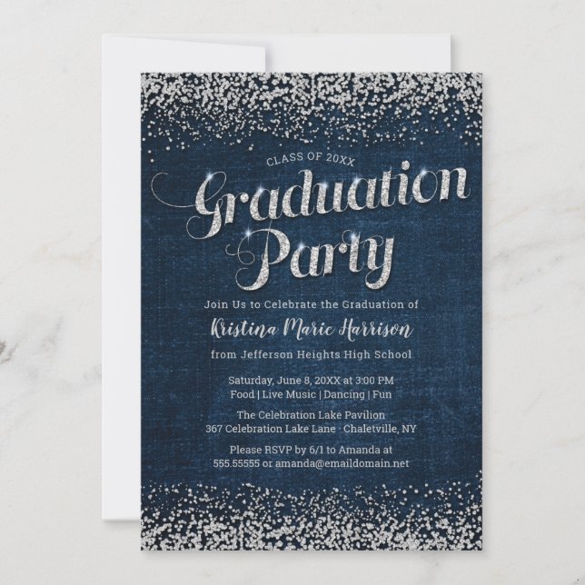 Chic Denim and Diamonds Graduation Party Einladung (Vorderseite)