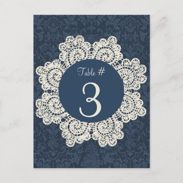 Chic Denim & Ivory Lace Wedding Tischnummer Cards (Vorderseite)