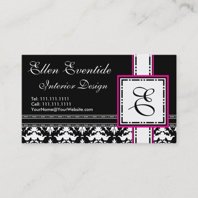 Chic Designer Lady Pink und Black Monogram Visitenkarte (Vorderseite)