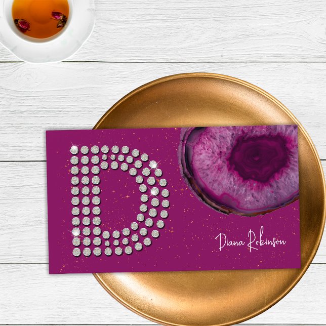 Chic Diamond Plum Agate Initial Letter D Monogram Visitenkarte (Front)
