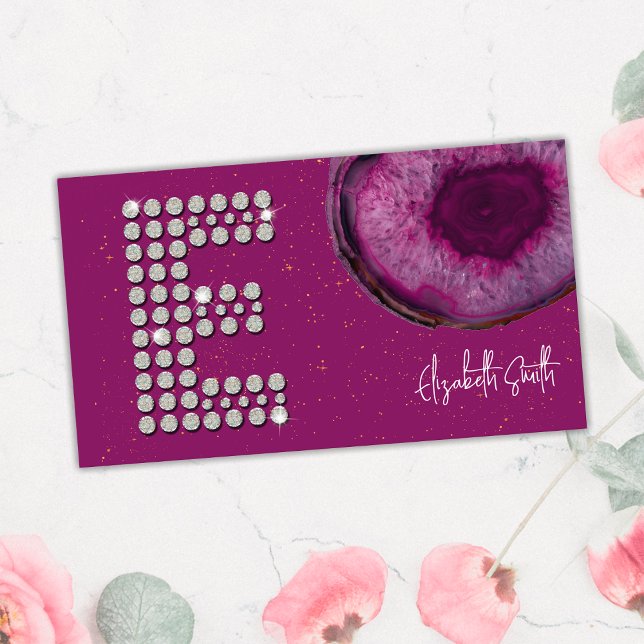 Chic Diamond Plum Agate Initial Letter E Monogram Visitenkarte (Front)