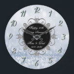 Chic Diamonds Blue Bokeh 50. Hochzeitsfeier Große Wanduhr<br><div class="desc">Elegante Silber Diamanten Hochzeitstag Uhr.</div>