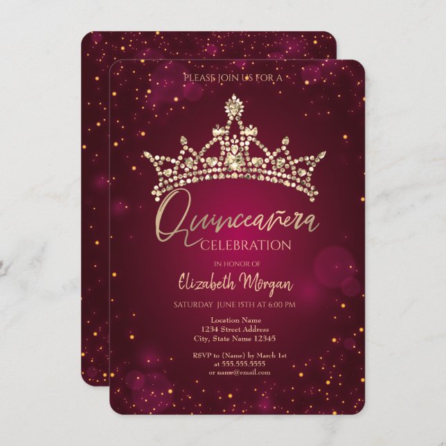 Chic Diamonds Crown Burgundy Quinceañera Einladung (Vorne/Hinten)