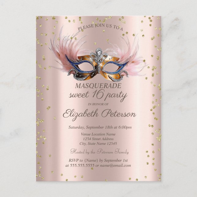 Chic Diamonds Rose Gold Masquerade Sweet 16   Einladungspostkarte (Vorderseite)