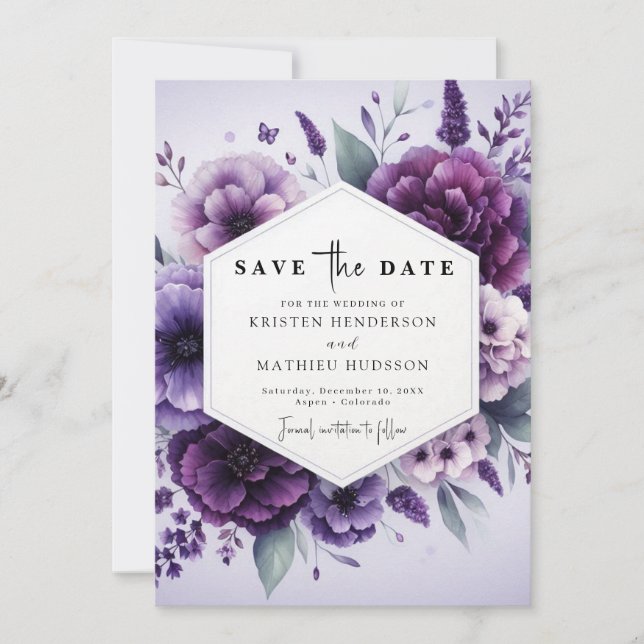 Chic Digital Lila Floral Wedding Save The Date (Vorderseite)
