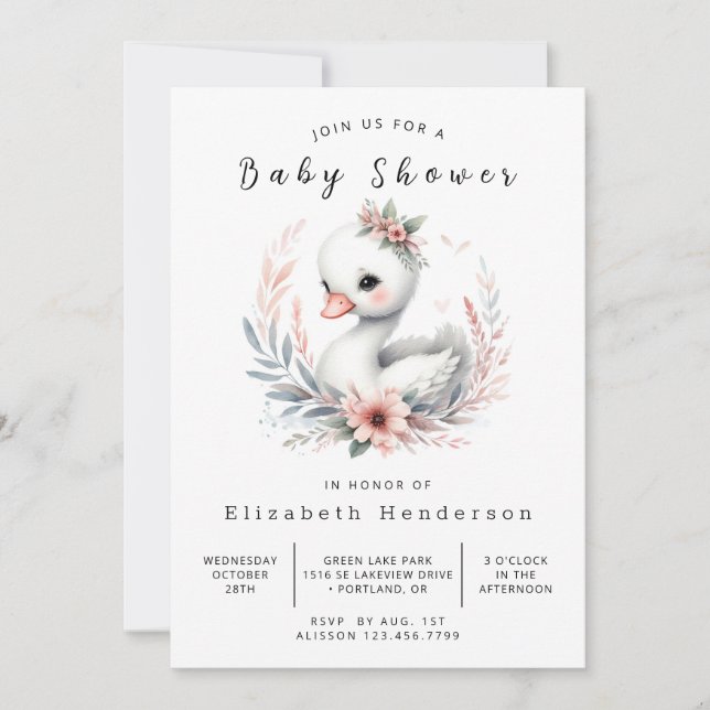 Chic Digital Swan Baby Dusche Einladung (Vorderseite)
