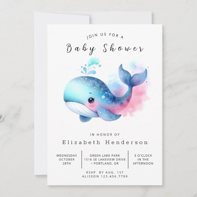 Chic Digital Whale Baby Dusche Einladung (Vorderseite)
