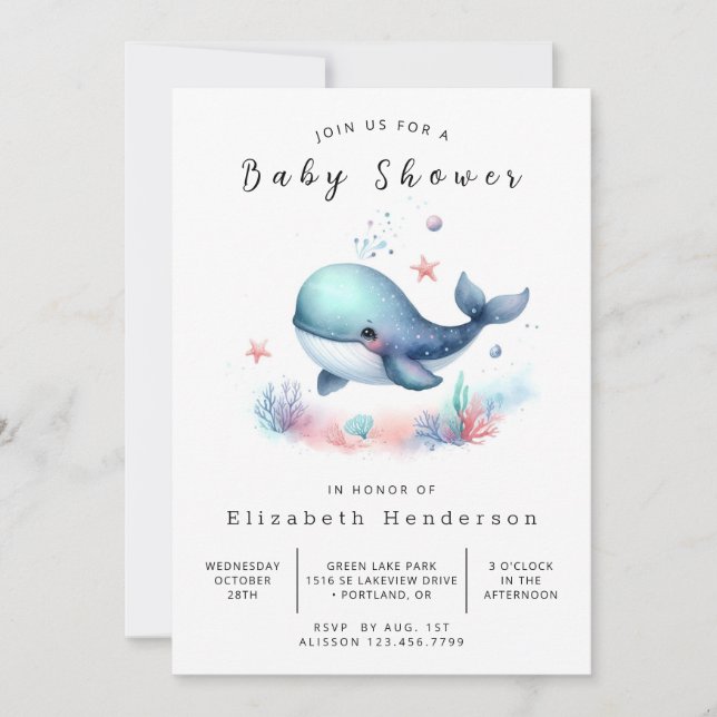 Chic Digital Whale Baby Dusche Einladung (Vorderseite)