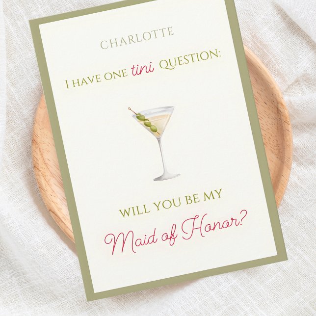 Chic Dirty Martini-Vorschlag zur Trauzeugin Karte (Martini-themed Maid of Honor proposal card - chic, fun, and customizable for your bridal party needs)