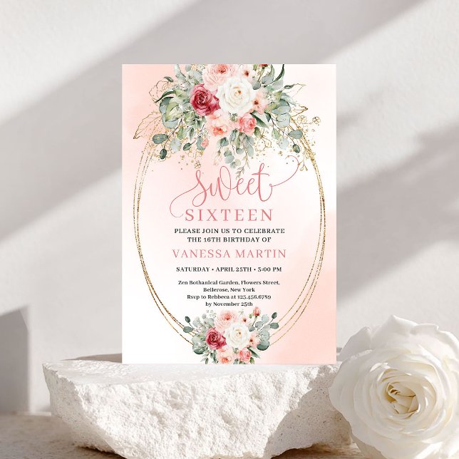 Chic Downloadable Blush Gold Floral Sweet Sixteen Einladung (Downloadable Blush Gold Floral Sweet Sixteen Invite)