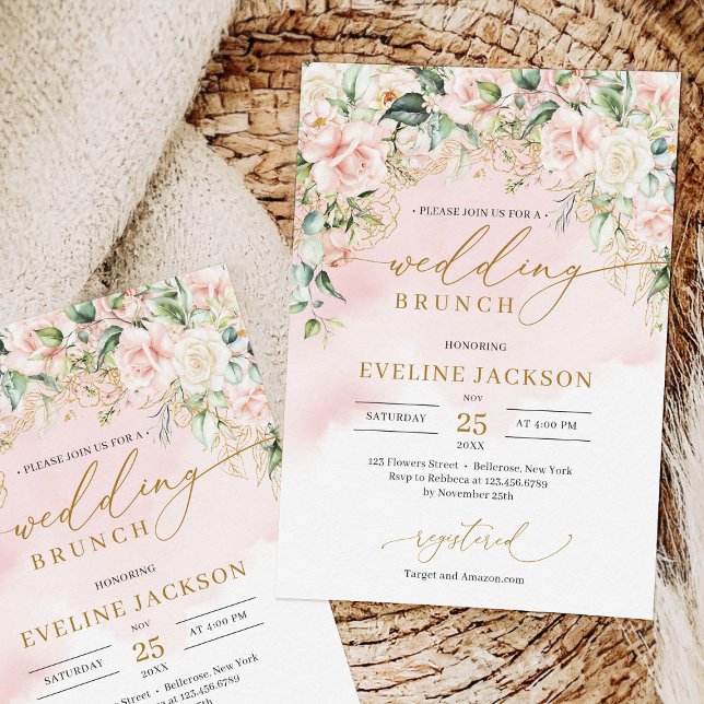 Chic Drehbuch pastellrosa Rosen Salbei Hochzeitsbr Einladung (Chic watercolor blush flowers eucalyptus gold wedding brunch invitation template)