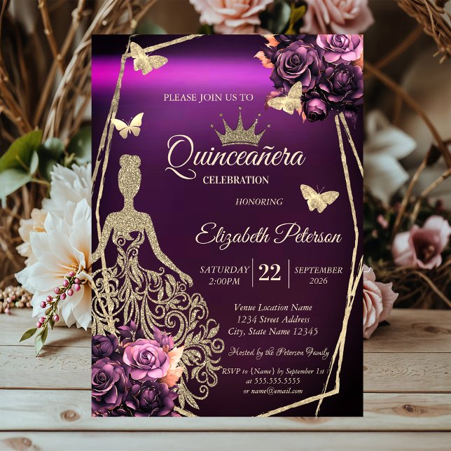 Chic Dress,Butterfly Violet Roses Quinceañera Einladung (Von Creator hochgeladen)