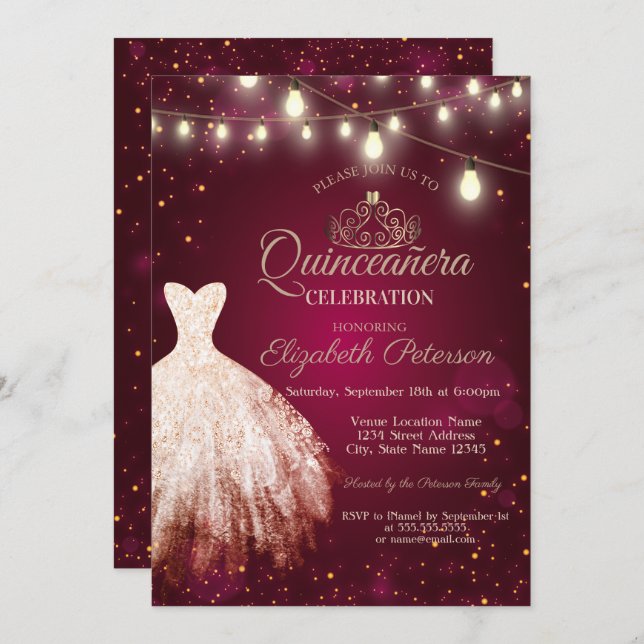 Chic Dress, Tiara Burgundy Quinceañera Einladung (Vorne/Hinten)